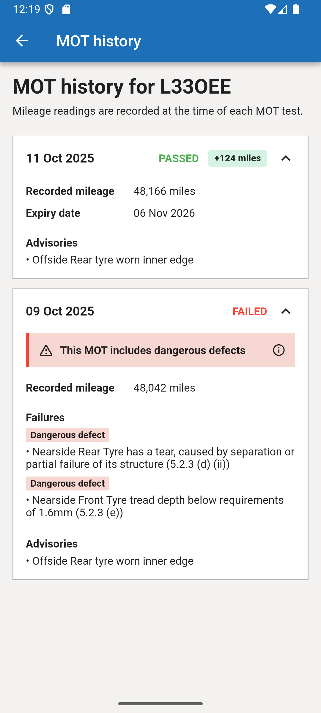 MOT history showing pass, fail and advisory details